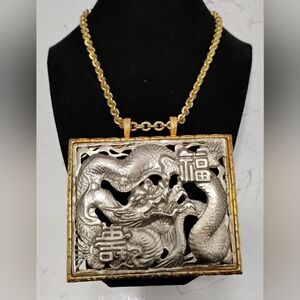 Rare Chinese Dragon Pendant Necklace Signed Kenneth©Lane (Patina)